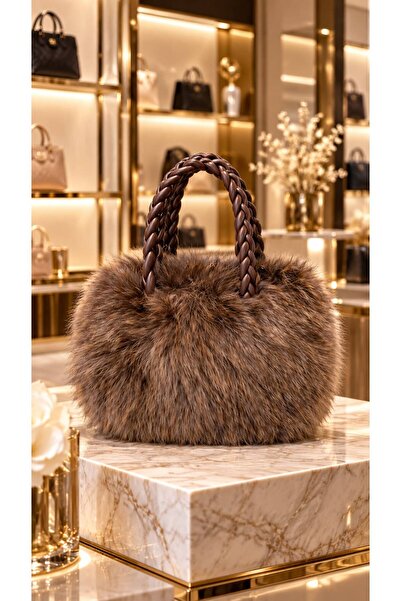 HAZAL KAYA ATELIER Coffee Soft Textured Plush Chain Strap Women's Bag 21X28 cm