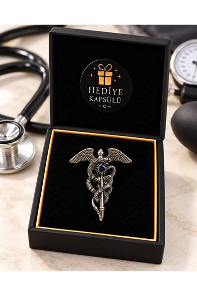 PULİNİN DÜKKANI Tıp Sembolü Kanatlı Asa ve Çift Yılan Figürlü Broş – Doktor S...