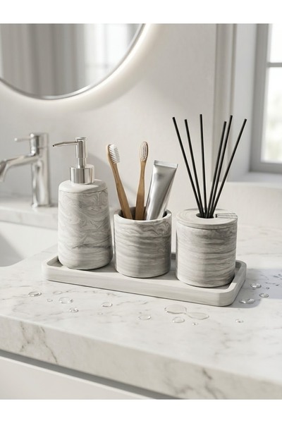 4’lü kare tepsili silindir siyah mermer desenli banyo seti