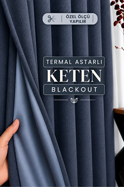 Yuka Lacivert Termal Keten Blackout Astarlı DÜZ PİLESİZ Ekstrafor Büzgülü Kar...
