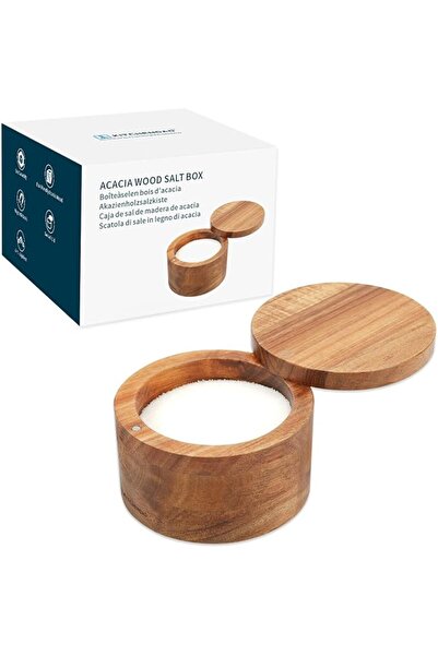 KITCHENDAO Acacia Wood Salt Cellar Bowl Box With Built-in Spoon, Elegant Kitc...