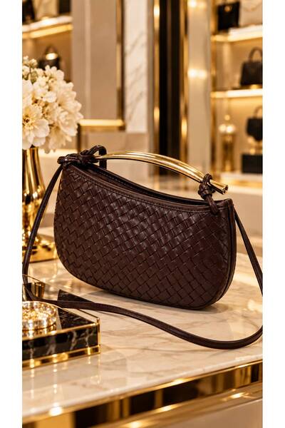 HAZAL KAYA ATELIER Brown Faux Leather Geometric Pattern Strap Women's Bag 23X...