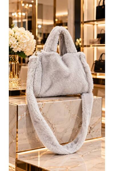 HAZAL KAYA ATELIER Gray Soft Textured Plush Strap Women's Bag 22X26 cm
