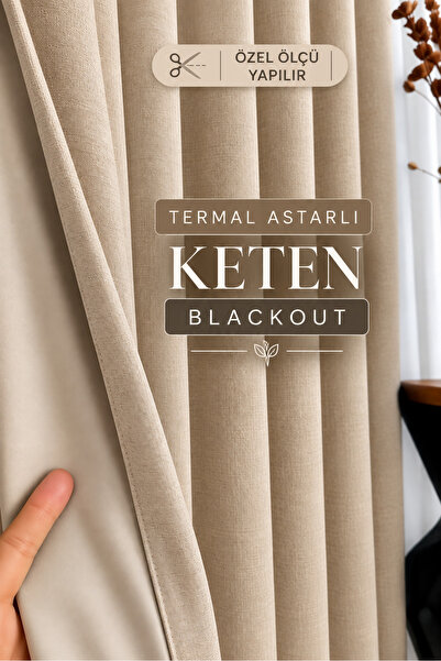 Yuka Bej Termal Keten Blackout Astarlı DÜZ PİLESİZ Ekstrafor Büzgülü Karartma...