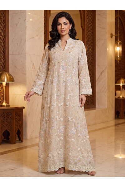 Finelook Women’s Beige Embroidered Maxi Kaftan Dress – Elegant Long-Sleeve Fe...