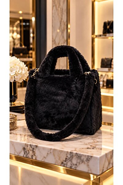 HAZAL KAYA ATELIER Black Soft Textured Plush Strap Women's Bag 22X26 cm