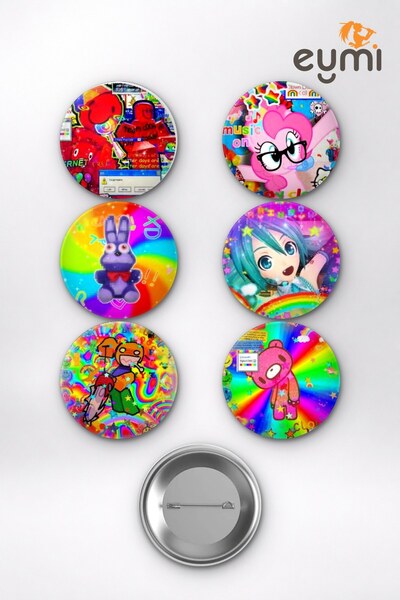 Kidcore Estetiği Y2K Renkli Retro Karakterler Temalı Çanta Süsü Rozet İğneli Buton Rozet Seti Set 2 (6 ADET) (58 mm)