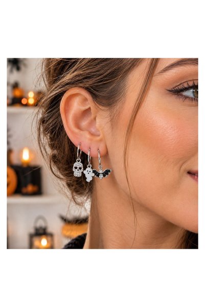 OEM Set 3 Perechi Cercei de Halloween Argintii cu Strasuri Craniu Fantoma si ...