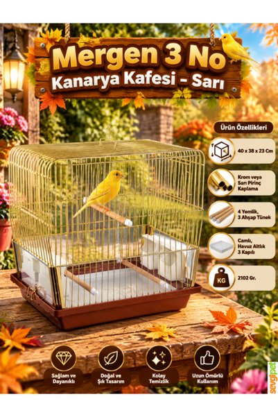 sevgipet Kanarya Kafesi Sarı (40 x 38 x 23 cm – 3 Kapılı, Camlı, Havuz Altlık...