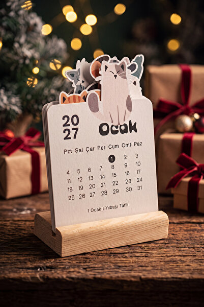 Ahşap Standlı Özel Kesim Kedi Tasarımlı 2027 Masaüstü Takvimi (8,5x12 cm) - Sevimli Yeni Yıl Hediyesi