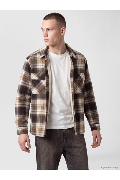 LC Waikiki Nevavm Farkıyla Xside Brown Plaid Loose & Baggy Men's Shirt Jacket