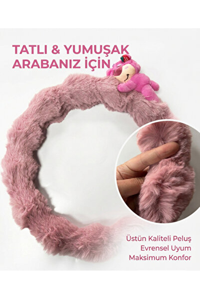 KOTO Pembe Peluş Direksiyon Kılıfı Kadınlara Özel Tüylü Ayıcıklı Direksiyon Kılıfı
