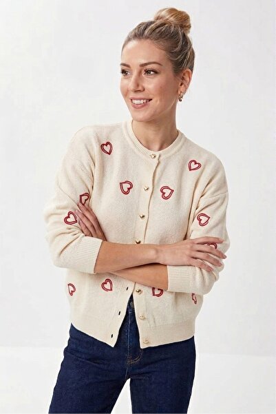 Hazinedan Women's Heart Patterned and Heart Buttoned Bohemian Knitwear Gold C...