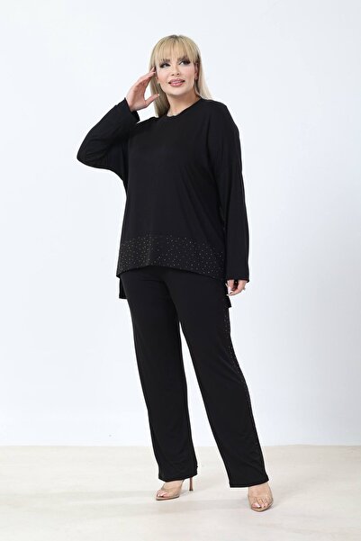 Hazinedan Women's Black Plus Size Stone Detailed Long Sleeve Elastic Waist V-...