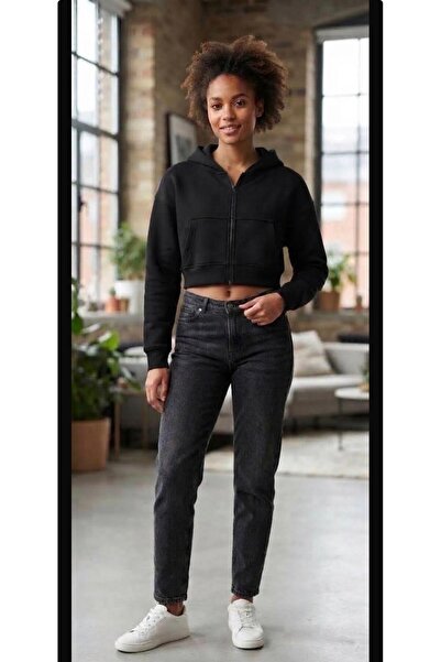 FKNMODA Crop Kapüşonlu Fermuarlı Kanguru Cepli Şardonlu Hoodie Ekru Kadın Swe...