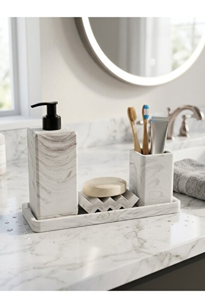 ALPİ HOME kalıp sabunluklu kahverengi mermer desenli banyo seti