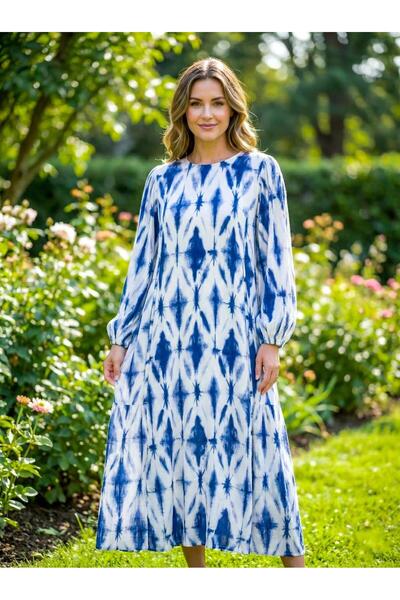 SOL BY SMITHA Off-White Blue Tie-Dye Long Sleeve Midi Dress