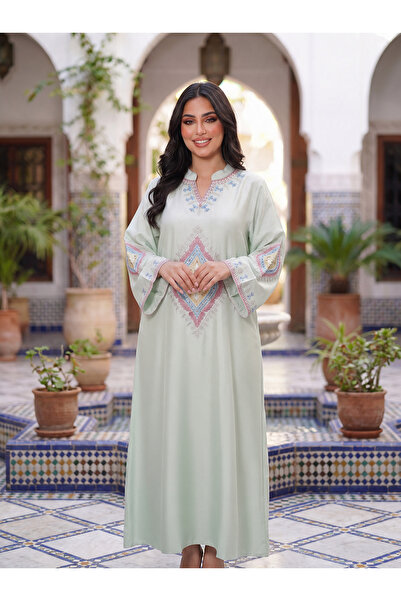 Finelook Women’s Light Green Geometric Embroidered Maxi Kaftan Dress – Elegan...