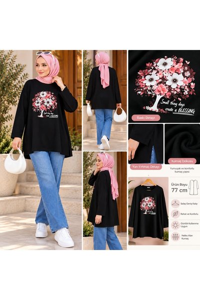 PEKA Women's Hijab Tunic Floral Patterned Printed Long Sleeve Side Slit Loose Comfortable Fit Daily Sports Tunic
