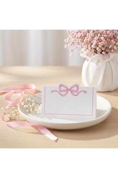 Yelajoy 100Pcs Pink Bow Wedding Place Cards, Cute Name Cards, Blank Folded Ta...