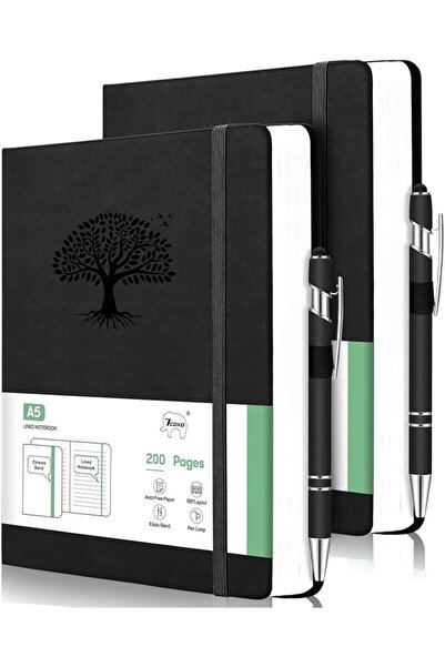 GENERAL 2-Pack A5 Hardcover Leather Notebooks with 2 Pens, Lined Notebook,200...