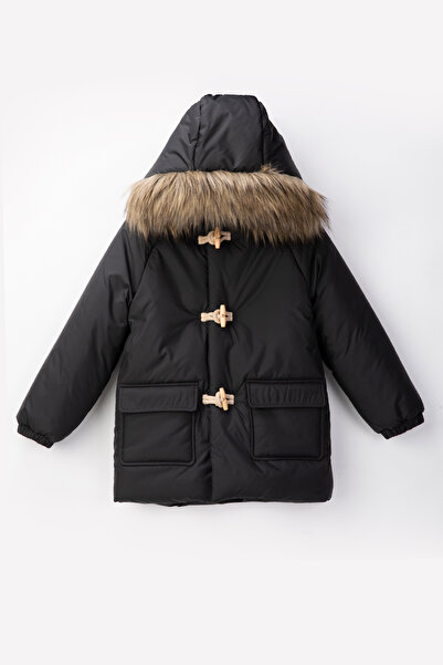 Midimod Winter Boy's Coat with Fur Hood and Plush Interior with Button Detail