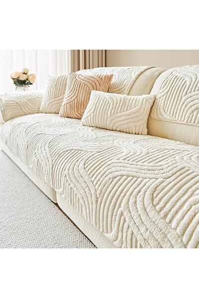 GENERAL Cream Winter Plush Sofa Cushion, Non Slip, High GSM Wave 3D Pattern, ...