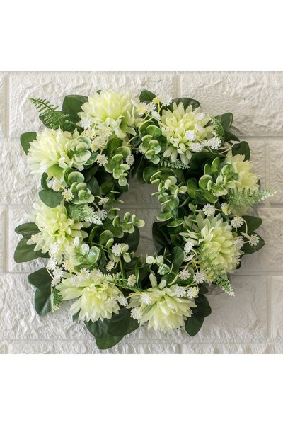 DD SHOP Coronita Decorativa de Primavara cu Flori Albe Eucalipt & Feriga Ø25cm