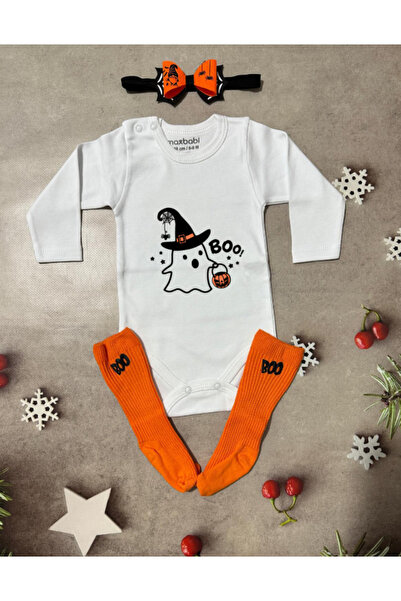 Halloween Cadılar Bayramı Turuncu Toka Bandana Bebek Zıbın Turuncu Çorap beyaz Zıbın