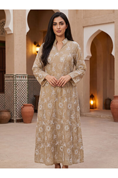 Finelook Women’s Brown Embroidered & Mirror-Work Maxi Kaftan Dress – Elegant ...