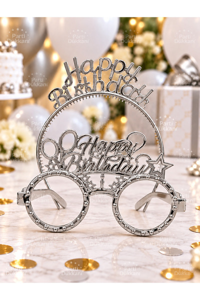 Parti Dükkanı Happy Birthday Crown and Glasses Set of 2 Silver Mica – Birthda...