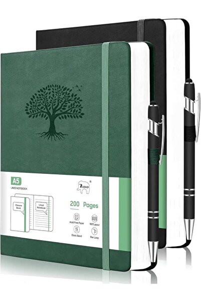 GENERAL 2-Pack A5 Hardcover Leather Notebooks with 2 Pens, Lined Notebook,200...
