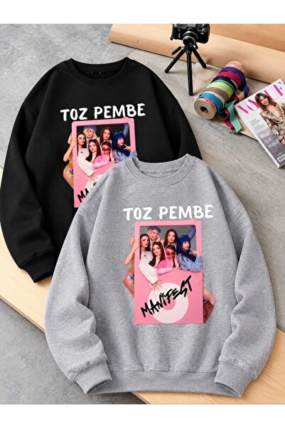 NOFLEN Toz Pembe Manifest Tasarım Baskılı Uzun kollu Sweat