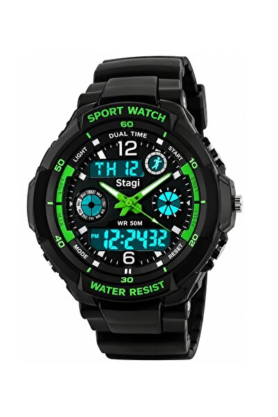 Stagi Fashion Design Black Green Sports Watch Alarm Chronograph Waterproof An...
