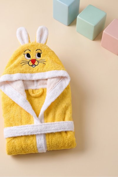 cottonparis Children's Bathrobe Rabbit Hooded with Pockets 100% Cotton Towel Bathrobe Girls Boys Soft Absorbent Yellow