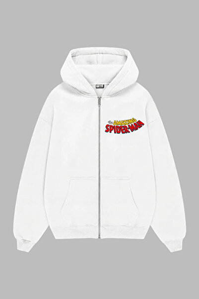 Sekizbiraltı Amazing Printed Zipper Hooded Unisex White Sweatshirt