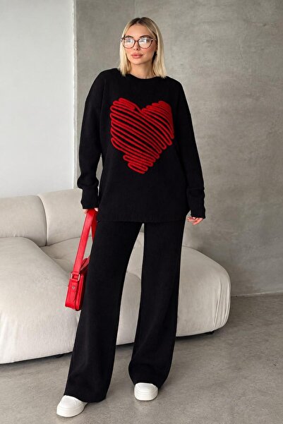 Hazinedan Women's Hearted Sweater Pants Knitwear Bottom Top Set Premium Quality
