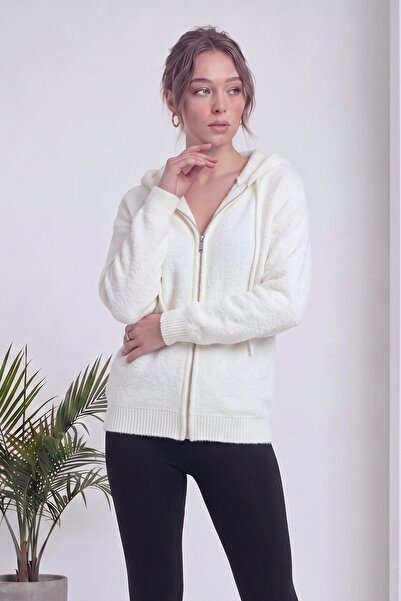 zks grup tekstil Women's Zippered Hooded Soft Cardigan Ecru, Black