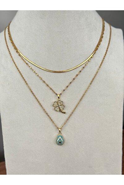 mibrillo Steel Triple Necklace Set with Evil Eye and Clover Charm Necklace