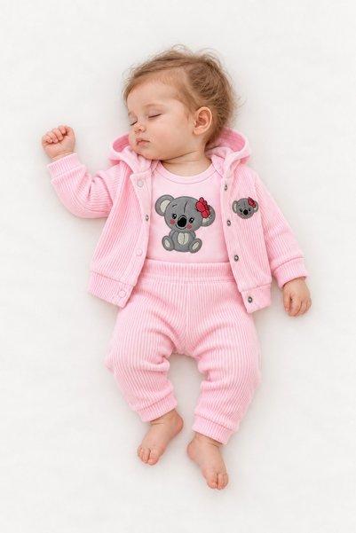 METEOR BABY Baby Girl Set with Koala Appliqué, Hooded Cardigan, 3-Piece Bodys...