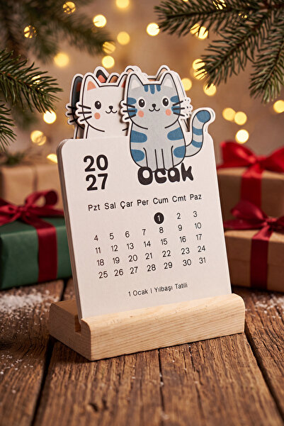 Ahşap Standlı Özel Kesim Sevimli Kediler Tasarımlı 2027 Masaüstü Takvimi (8,5x12 cm) - Yeni Yıl Hediyesi
