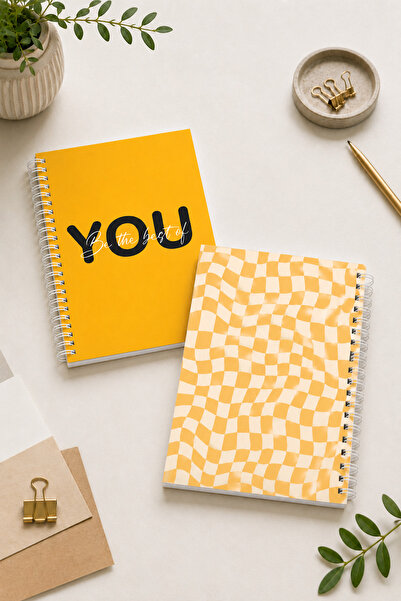 Paytak Moda Yellow Text Patterned A5 Spiral Colorful Notebook 45 Sheets 90 Pa...