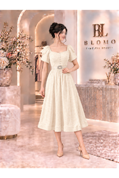 BLOMO فستان ميدي وردي بتصميم عصري وأكمام منفوخة