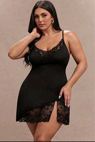 Yavili Plus Size Skirt with Slits and Lace, Stretchy Nightgown