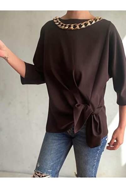 BEBE PLUS Asymmetrical and Draped Tie-Up Blouse with Gold Chain Detail