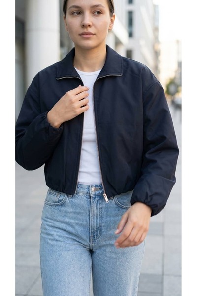 KAROL Zippered Lined Stand Collar Crop Jacket
