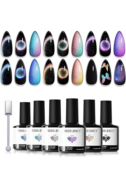 modelones Store مجموعة طلاء أظافر جل كات آي من موديلونز، 6 ألوان هولوغرافية م...