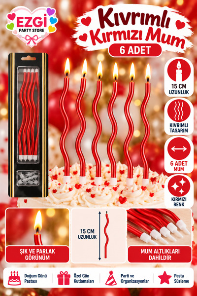 Ezgi Party Store 6 Adet Kıvrımlı Kırmızı Pasta Mumu 15 cm Uzun Doğum Günü Kut...