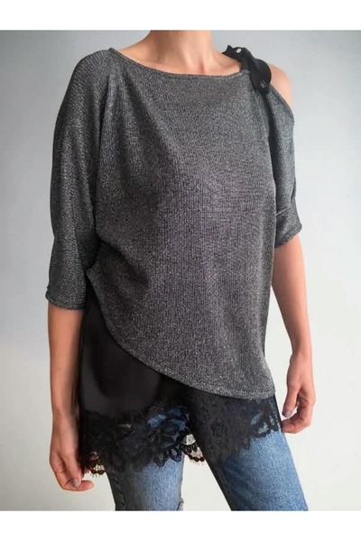 BEBE PLUS Asymmetrical Silver Glitter Shoulder Tie Detailed Satin Lace Detail...