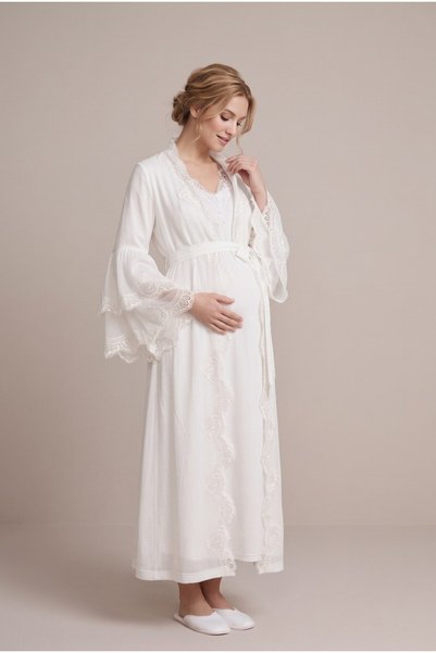 Pelin Women's Ecru Long Dress with Lace, Special Design, Breastfeeding Detail, Maternity Nightgown Set